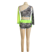 Costume de danse pour femmes, imprimé zèbre vert néon, paillettes, 2 pièces, tenue de scène de jazz pour femmes avec franges