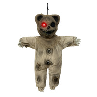 Décoration d'Halloween suspendue : Ours en peluche effrayant lumineux à yeux rouges, poupée en toile de jute avec mains squelettiques pour maison hantée, fête ou porche