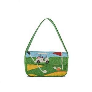 Beaded Embroidered Golf Scene Cosmetic Bag with Soft Handle and Zipper Closure Green Small Style Cosmetic Bags & <b>Cases</b> - Product Image 1