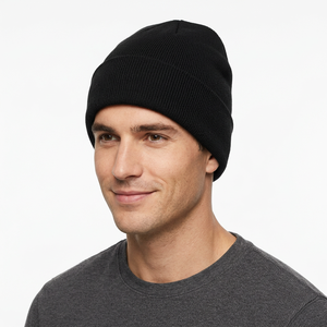 Bonnet en tricot côtelé noir uni, bonnet d'hiver à revers pour homme, femme, unisexe, décontracté - Product Image 2