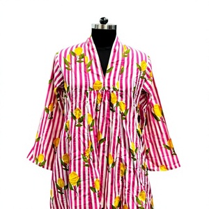 Vestido Casual de Mujer con Estampado Floral Rosa, Cuello en V, Manga Larga, Corte en A, Cintura Imperio, 100% Algodón - Product Image 1