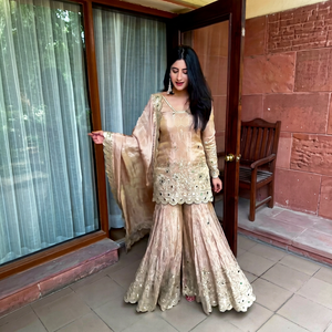 Elegant Beige Silk Sharara Set With Heavy Embroidery And Dupatta For Women Wedding Wear Traditional Indian Pakistani Style - Product Image 1