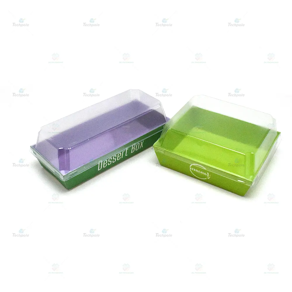 カスタム印刷使い捨て食品容器透明蓋付きベーカリーボックス、プラスチック蓋付きサンドイッチスライスケーキベーカリーペーパーボックス
