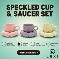 Ensemble tasse et soucoupe en céramique en forme de pétale avec confettis, finition émail brillant trois tons, pour kiosque de pâtisserie LEXI