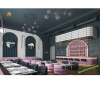 Visualisation de l'intérieur d'un restaurant confortable, thème rose, comptoir de café-bar, mobilier de bar moderne, ensemble table et chaises.