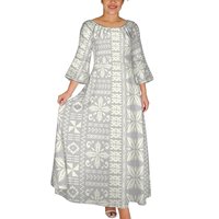 Robe longue populaire pour femme, style tribal samoan noir et gris, imprimé tatouage, col rond, manches évasées 3/4, taille haute, grande taille