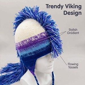 Chapeau Viking brodé à la main, couleur dégradée, bonnet d'hiver tricoté, pompons moelleux, chaud, respirant, 100% acrylique, chapeau décontracté - Product Image 2