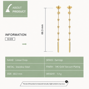 Boucles d'oreilles pendantes à chaîne linéaire en acier inoxydable, plaquées or 14 carats sous vide, avec barres géométriques perlées, couleur or et argent - Product Image 3
