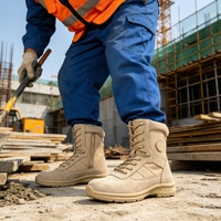 Botas tácticas de trabajo con cremallera lateral en el tobillo, parte superior de cuero vacuno de gamuza, suela de goma, botas de motocicleta, zapatos de trabajo color arena