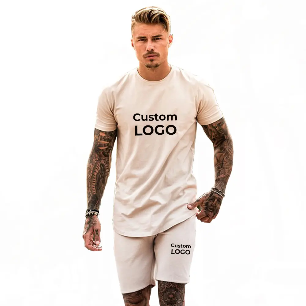 Summer Casual Cotton Men Designer Embroidery Printing Custom Logo Tee T Shirt Shorts Two Piece Men Short Set