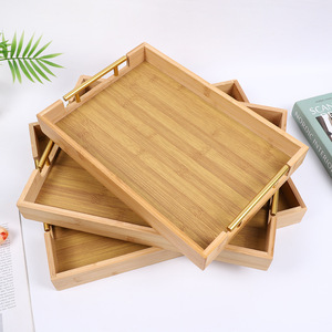 Bandeja de servir rectangular de bambú con asas de metal para uso doméstico y hotelero - Product Image 1