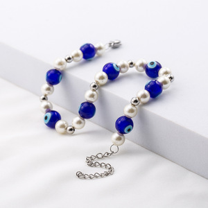 Faux Pearl Evil Eye Beaded Bracelet <b>Titanium</b> Steel Chain Unisex Jewelry Round Ball Shape Geometric Design XYB0117 - Product Image 2