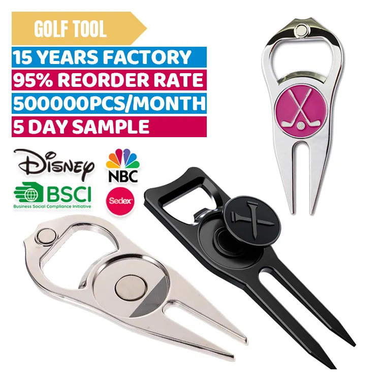 Golf Op Maat Gemaakt Roestvrij Staal Aluminium Intrekbare Op Maat Gemaakte Magnetische Muntbal Markers Divot Tool Flesopener Opvouwbaar