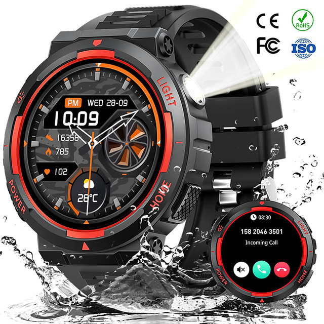 KT75 Outdoor Sport 3ATM Waterproof Smartwatch for Diving Fishing with Flashlight Health Monitoring Bluetooth Bt Call Smart Watch