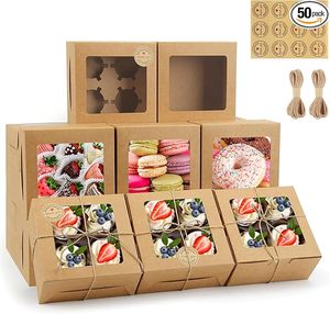 Cajas para Cupcakes con Ventana, Cajas para Galletas, Contenedores Marrones para Pastelería, Postres, Cajas para Dulces con Pegatinas y Cuerda <span class=keywords><strong>de</strong></span> Yute - Product Image 1