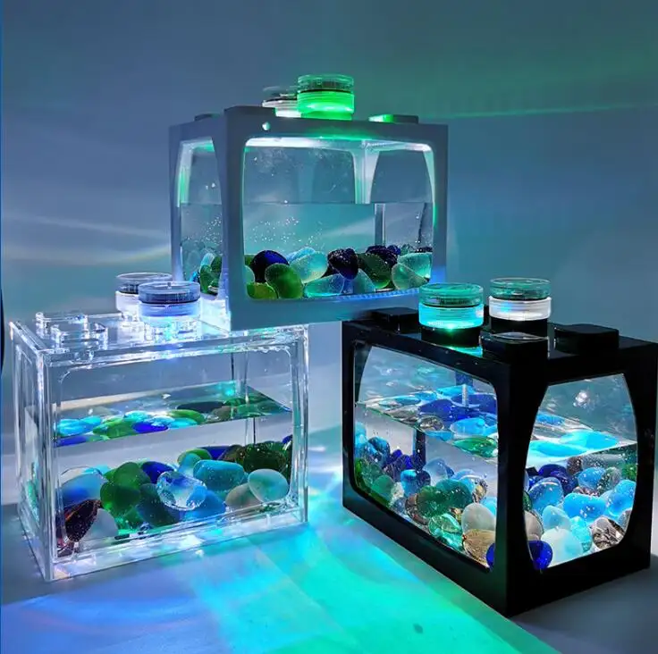 حوض أسماك استوائي صغير إبداعي ذو منظر طبيعي, حوض أسماك استوائي صغير مع إضاءة ليد