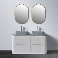 Meuble-lavabo mural pour salle de bain, idéal pour hôtels et maisons, couleur crème mocha bicolore avec accents or rose, comptoir blanc, vasque sous plan et miroir LED
