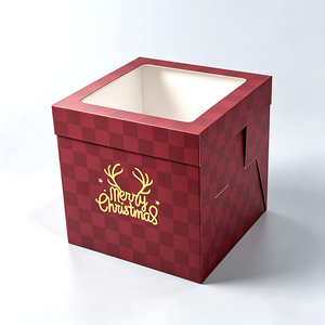 Merry Christmas Red Checkered Square Gift <b>Box</b> with Gold Foil Design Rigid Paperboard Packaging for Holiday Crafts - Product Image 1