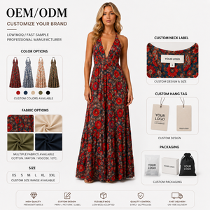 Abito Lungo Estivo Bohémien con Stampa Floreale Rossa Personalizzata, Scollo a V Profondo e Strati, per Vacanze e Spiaggia, Vendita all'Ingrosso OEM/ODM - Product Image 4