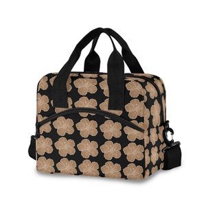 กระเป๋าเก็บความเย็นลายดอกชบาสีน้ำตาลฮาวาย กล่องเก็บความเย็น กระเป๋าใส่อาหารกลางวันสำหรับนักเรียน กระเป๋าถือ กระเป๋าใส่อาหารกลางวันแบบมีฉนวนสำหรับผู้หญิง - Product Image 1