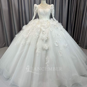 Lscm96 Elegant Ivory Princess Bridal Gown Illusion Long Sleeve Lace Corset <b>Wedding</b> Dress 3D Flower Applique Jancember - Product Image 5