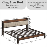Cadre de lit métallique inclinable moderne en gros avec station de charge, taille Queen, couleur personnalisable pour chambre d'hôtel