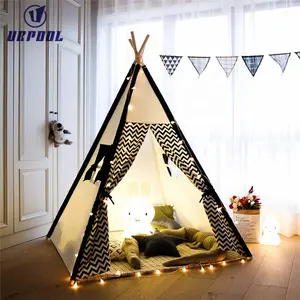 100% soft Cotton canvas playhouse 4 side Indoor kids Teepee black and white stripe tent with window