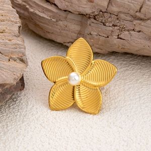 <b>Stud</b> Earrings Flower Shape <b>Titanium</b> Steel Gold Plated Pearl Inlay Party Jewelry Women's Fashion Accessories - Product Image 2