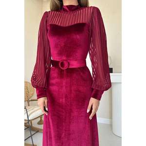 Elegante Vestido de Noche de Terciopelo Borgoña, Estilo Tubo, Sin Espalda, Cintura Natural, Capa Transparente, Manga Larga - Product Image 2