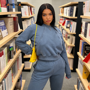 Set Due Pezzi in Cotone Pesante di Alta Qualità OEM, Abbigliamento <span class=keywords><strong>Donna</strong></span>, Tute Autunnali Personalizzate con Felpa Corta e Pantaloni - Product Image 4