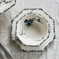 Service de table en céramique octogonal à fleurs et oiseaux de style médiéval français, ensemble de tasses à thé de l'après-midi exquis, assiette à dîner simple