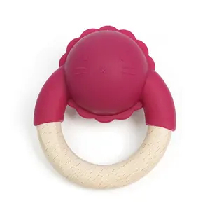 Factory Hot Sales Beech Wood Ring Food Grade Free Bpa Baby Silicone Teether Chewed Baby Rattle Toy Shaking