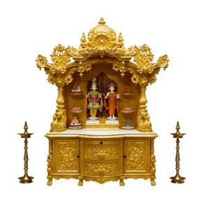 Temple traditionnel en teck de style Swaminarayan pour la maison, finition dorée de qualité supérieure, armoire de temple hindou, mandir de puja richement sculpté - Product Image 1