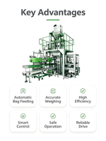 Machine d'emballage automatique de sacs de qualité alimentaire, ligne de pesage, remplissage et scellage robuste pour film/plastique, granulés, aliments pour animaux, poudre, avec PLC