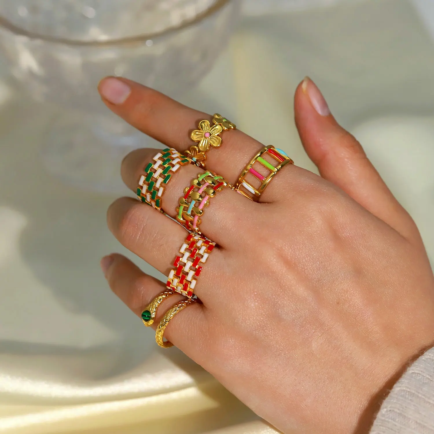 New Fashion Jewelry 18k Gold Colorful Ring Open Finger Ring Waterproof Stainless Steel Jewelry Ring Girl