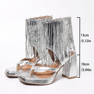 Sandalias de tacón con punta abierta para mujer, estilo bohemio con borlas, tendencia de moda de verano, estilo sin cordones. - Product Image 5