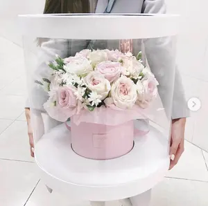 Giant Large Korean Transparent Plastic Preserved Flower Bouquet Packaging Round Transparent PVC Cylindrical Wedding Flower Box