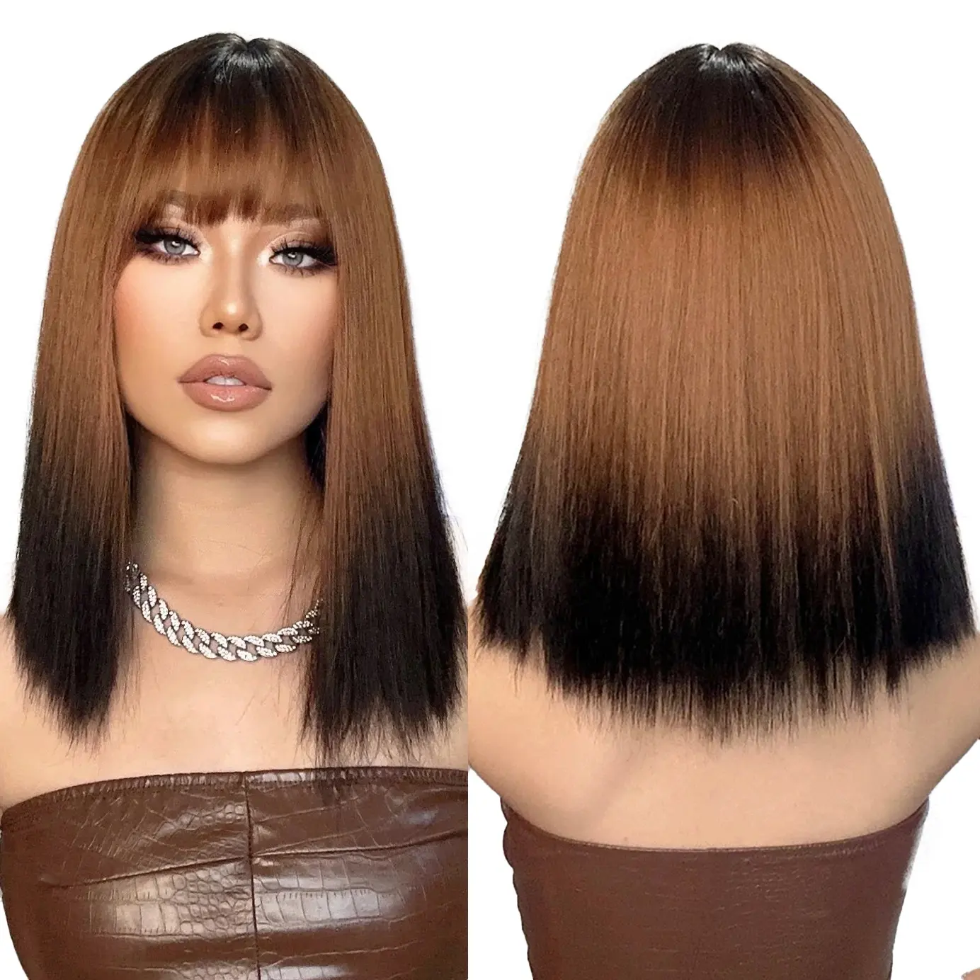 Синтетические парики от черного до коричневого омбре с челкой средней длины, натуральные волосы, парики для косплея, волосы для женщин, термостойкие