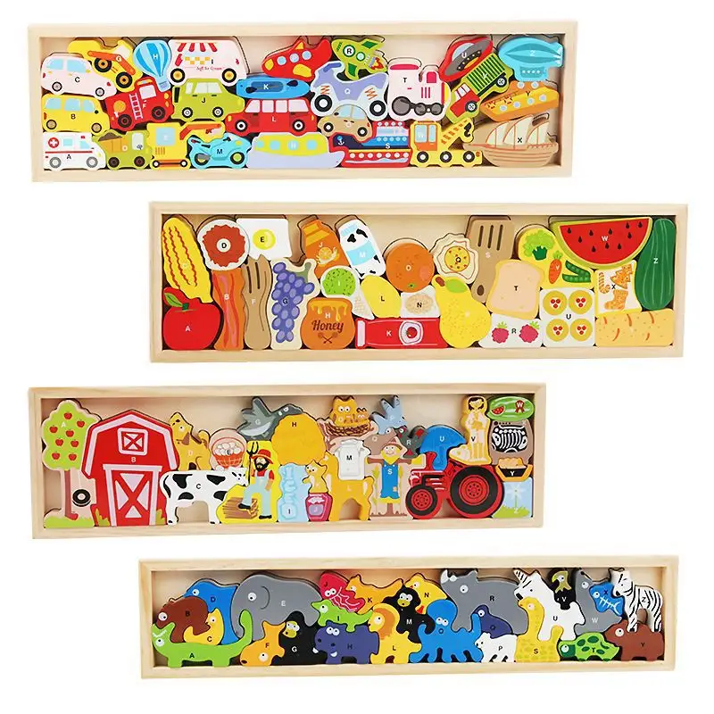 Mainan edukasi dini puzzle kayu bayi, mainan pendidikan dini kayu troli kartun tiga dimensi