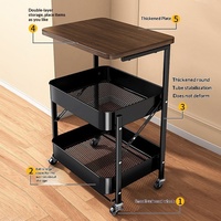 Chariot de rangement mobile pliable en métal à 3 niveaux avec plateau en bois pour snacks