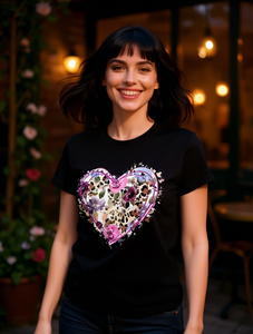 T-shirt stampata con cuore d'amore da donna, manica corta, girocollo, design floreale casual, top primaverile/estivo in jersey di cotone 100%. - Product Image 2