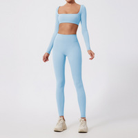 Ensemble de vêtements de sport pour femmes, vêtements de gym, ensemble de survêtement, haut court à col carré à manches longues et pantalon taille haute, vêtements de yoga et de pilates