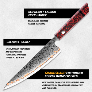 Bộ dao bếp Nhật Bản Grandsharp 55 lớp thép Damascus đồng, gồm dao Santoku, dao đa năng, cán bằng sợi carbon nhựa đỏ - Product Image 4