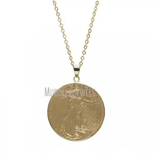 NM41375 Brass Jewelry Round Shape Copy Coin Pendant Chain Necklace Gold Plated Old Style Pressed Money Coins