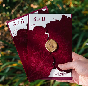 Luxury Gravure <strong>Printing</strong> Invites Elegant Burgundy Floral Velvet Wedding <strong>Invitation</strong> with <strong>Personalized</strong> Gold Wax Seal Mariage Invite - Product Image 1