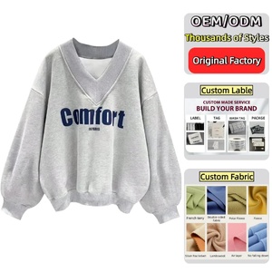 Sudadera Bordada de Cuello V de Gran Gramaje en Algodón y Poliéster con Forro Polar y Logo de Letra Personalizado de Talla Grande Ropa de Invierno <span class=keywords><strong>para</strong></span> <span class=keywords><strong>Mujer</strong></span> - Product Image 1