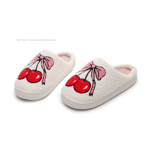 Wholesale Large Cherry Print Soft Plush Fluffy Stuffed for <b>Slippers</b> Custom Design Women's House for <b>Slippers</b> Feature for - Product Image 5