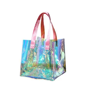 महिलाओं के लिए होलोग्राफिक छोटा उपहार बैग पुन: प्रयोज्य इंद्रधनुषी साफ़ बैग, खरीदारी के लिए हैंडल के साथ पीवीसी प्लास्टिक गुडी बैग