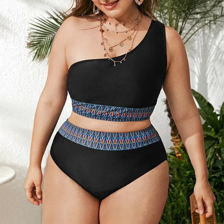 New Arrival Plus Size Swimwear Black High Waist Beachwear One Shoulder Bikini 2022