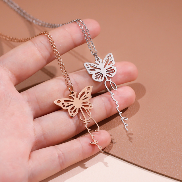 Personalized Trendy Stainless Steel Butterfly Necklace with Engraved Name Custom Gift for Women and Girls
